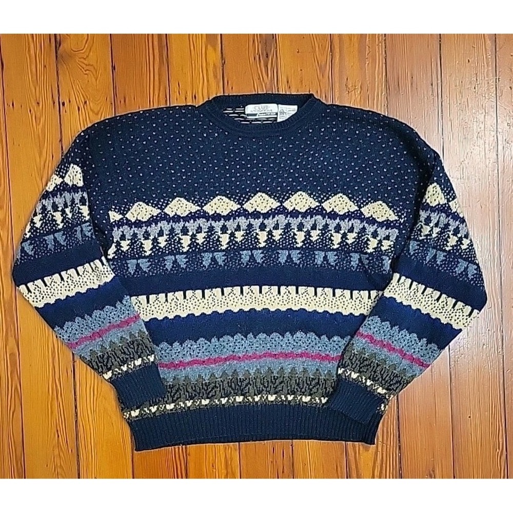 Vintage Winter Sweater XL Club International Pure Virgin Wool Pine Tree Knit